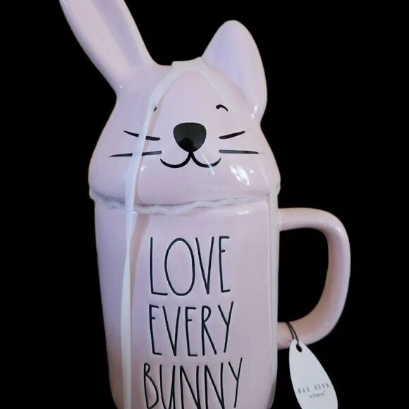 Rae Dunn LOVE EVERY BUNNY pink mug with bunny topper Easter release - Picture 1 of 1